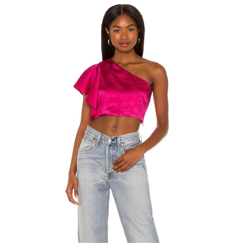 Lovers + Friends One-Shoulder Fuchsia Satin Crop Top